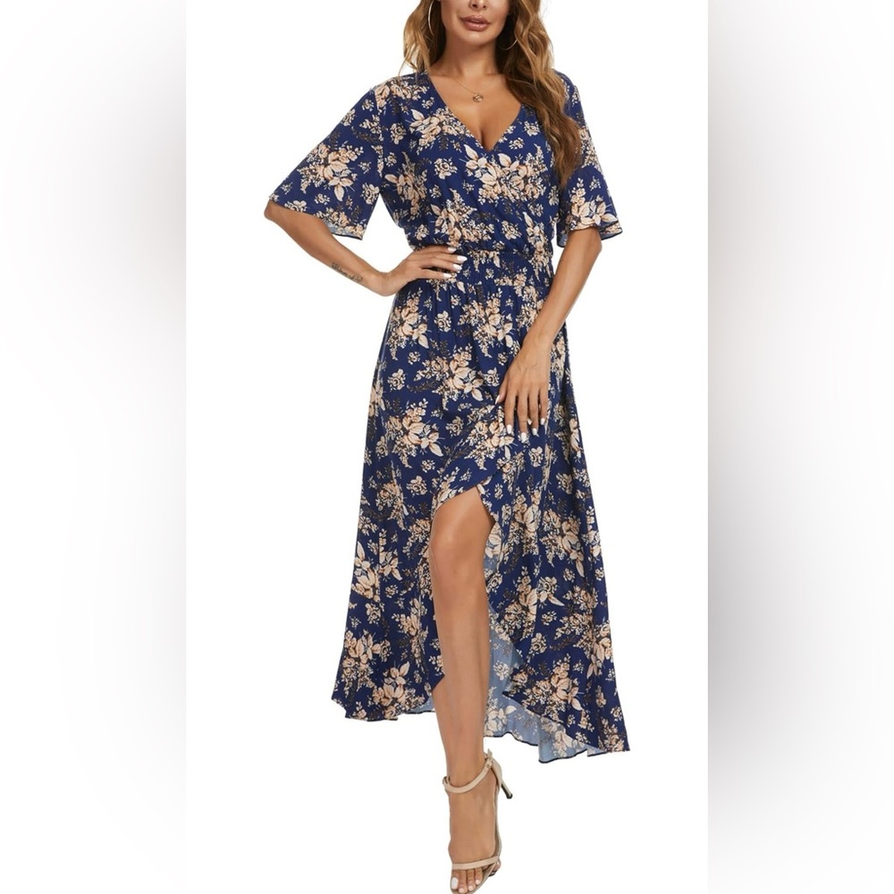 Kormei Womens Short Sleeve Floral High Low V-Neck Flowy Party Long Maxi Dress